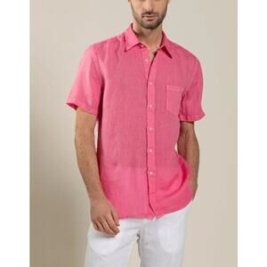 120% Lino Men Shirt XXL Linen Button Up Short Sleeve Pocket Classic Italy Pink